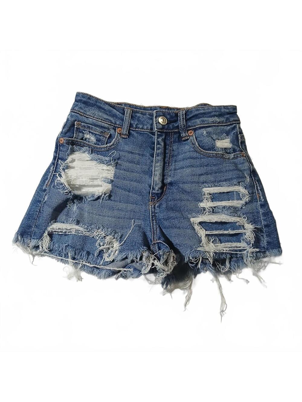American Eagle Blue Distressed Denim Shorts Womens Y2K Festival Grunge